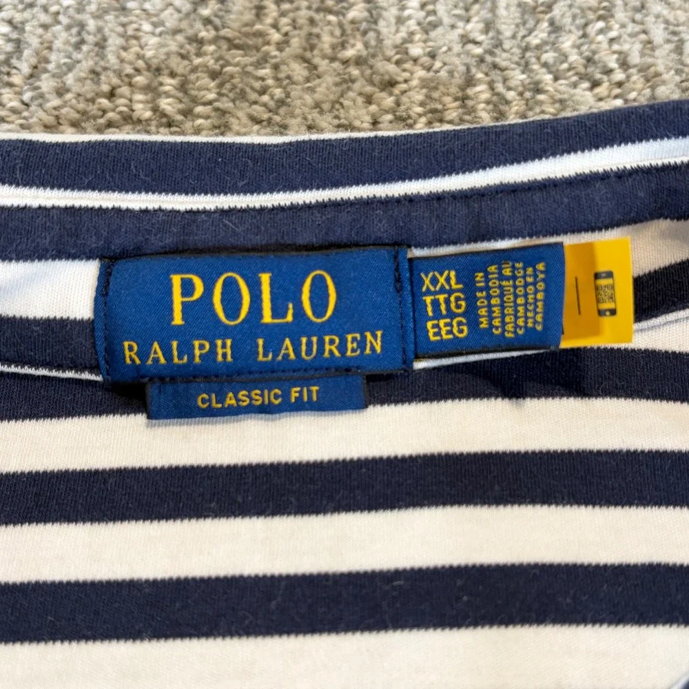 Polo Ralph Lauren Polo Shirt Men XXL‎ Navy Blue White Striped Classic Fit SS